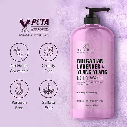 Botanic Hearth Bulgarian Lavender & Ylang Ylang Body Wash – Calming & Relaxing Shower Gel with Vitamin E & Sage Extract, Sulfate & Paraben Free – 16 fl oz