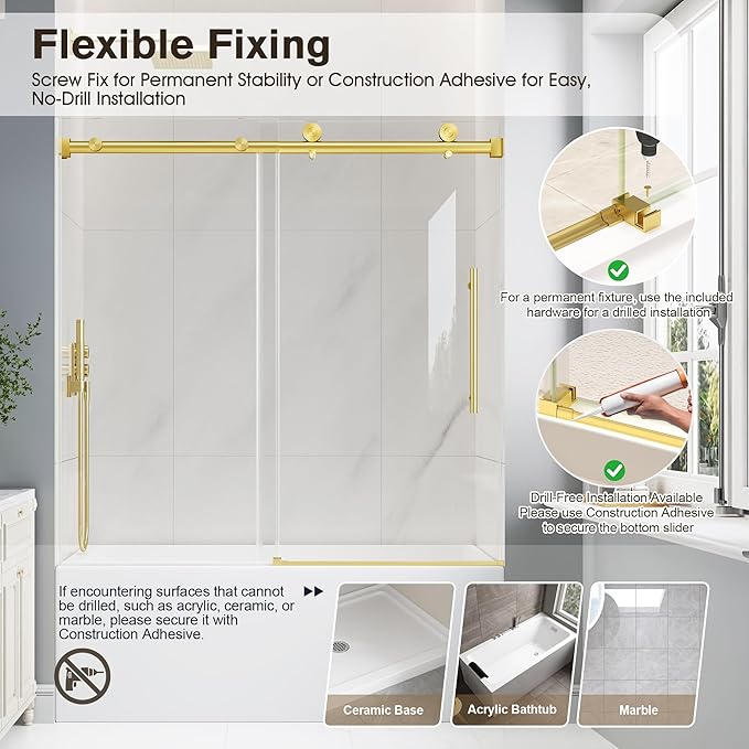 Bathtub Shower Door Frameless, 55-60" W x 60" H Sliding Tub Shower Door, 1/4''(6mm) SGCC Tempered Glass with Explosion-Proof Film Nano Coating, Stainless Steel Hardware, Brushed Gold