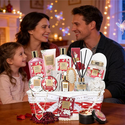 Christmas Gifts for Women - 19-Piece Luxury Rose & Cherry Blossom Spa Gift Basket Set Bath and Body Gift Sets Care Kit with Necklace | Valentine's Day, Mothers Day Gifts Baskets for Mom, Wife