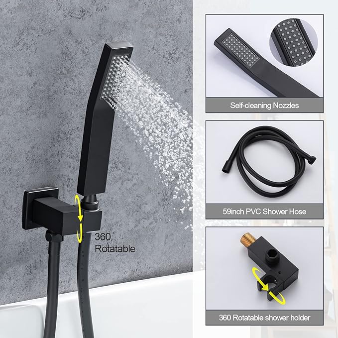 Roman Tub Filler Faucet with Waterfall Spout Wall Mounted Single Handle Bathtub Shower Faucet with Hand Shower Wall Mount Waterfall Tub Faucets Sets, Matte Black
