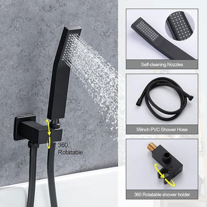 Roman Tub Filler Faucet with Waterfall Spout Wall Mounted Single Handle Bathtub Shower Faucet with Hand Shower Wall Mount Waterfall Tub Faucets Sets, Matte Black