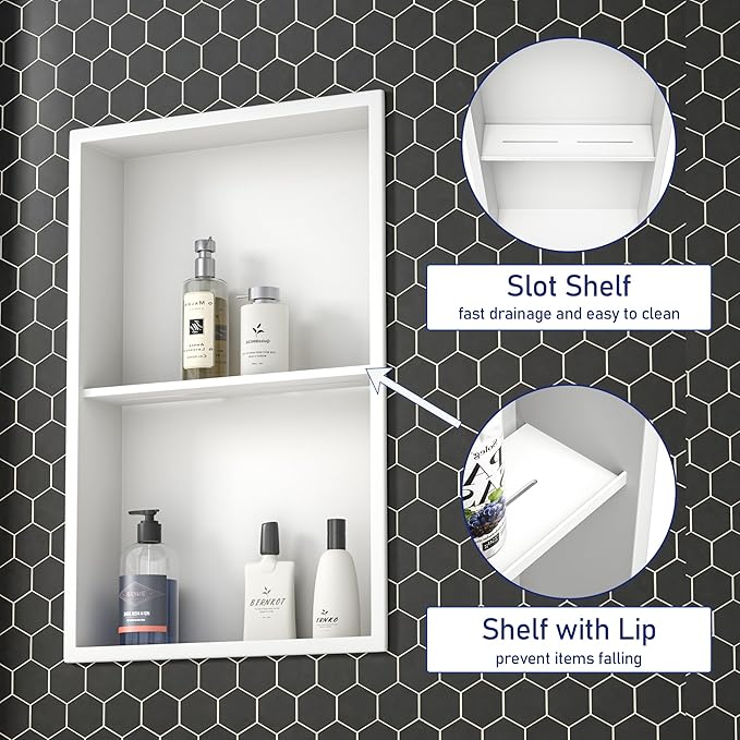Stainless Steel Shower Niche 14"×24" White with 2-Tier Shelf No Tiled Needed Niche Shower for Bathroom Wall Recessed Shower Shelf for Bathroom Storage