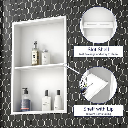 Stainless Steel Shower Niche 14"×24" White with 2-Tier Shelf No Tiled Needed Niche Shower for Bathroom Wall Recessed Shower Shelf for Bathroom Storage