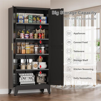 Metal Kitchen Pantry Cabinet,71" Black Farmhouse Storage Cabinet with 2 Vintage Barn Doors and 4 Adjustable Shelves, Rustic Freestanding Cupboard for Kitchen,Home Office Living Room,Dining Room