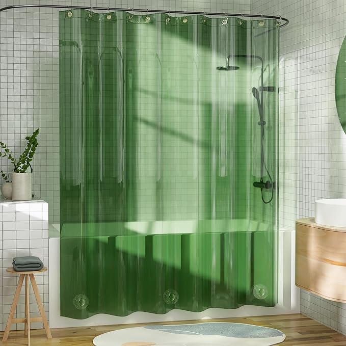 AmazerBath Extra Long Shower Curtain Liner, 100% EVA Clear Green Heavy Duty 84 inch Shower Curtain and Liner 2-in-1, 72x84 Plastic Weighted Bathroom Shower Liner, 12 Grommets & 3 Heavyweight Stones