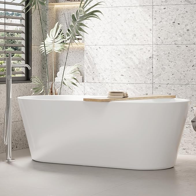 67 Inch Acrylic Soaking Bathtub, Modern Stand Alone Tub for Adults with Sloped Backrest, Chrome Drain & Overflow, cUPC Certified, Easy Installation, White Oval Bath