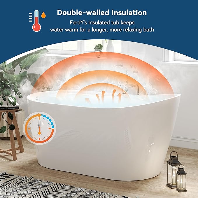 FerdY Lana'i 60" Freestanding Bathtub, Gracefully Shaped Freestanding Soaking tub, Glossy White, cUPC Certified, Brushed Nickel Drain & Overflow Assembly Included-02125