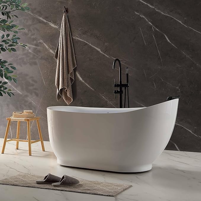Empava Update Acrylic Whirlpool Bathtub, 59 Inch Acrylic Freestanding Jetted Tub, Hydromassage Gracefully Oval Shaped with 16 Hydromassage Jets with Lumbar and Neck Support, Black Pillow, No faucet
