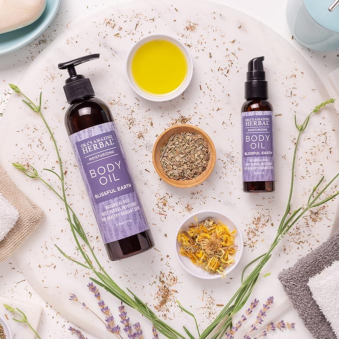 Ora's Amazing Herbal Lavender Bath Oil, Herbal Infused Moisturizing Shower and Body Oil for Women with Organic Jojoba Calendula Relaxation & Dry Skin, Blissful Earth Scent with Pump 7.5 oz