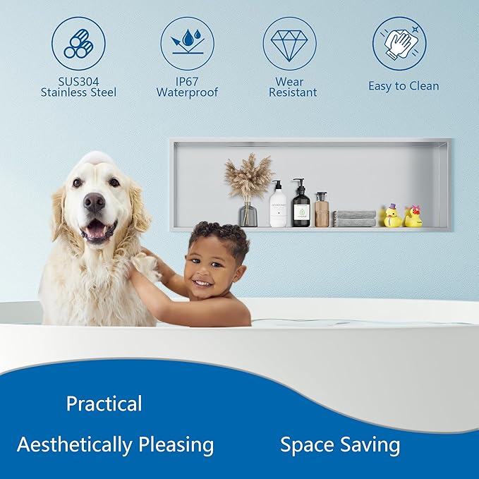 Neodrain No Tile Shower Niche, Shower Cabinet Bathroom Shelf, Inner Size 36" X 12" X 4", Brushed Stainless Steel Bathroom Recessed Wall Niche Cubby, NO Tile Needed for Storage
