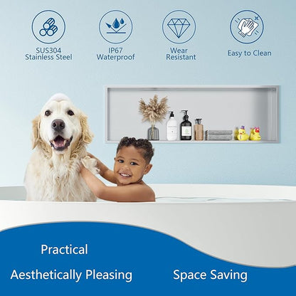 Neodrain No Tile Shower Niche, Shower Cabinet Bathroom Shelf, Inner Size 36" X 12" X 4", Brushed Stainless Steel Bathroom Recessed Wall Niche Cubby, NO Tile Needed for Storage