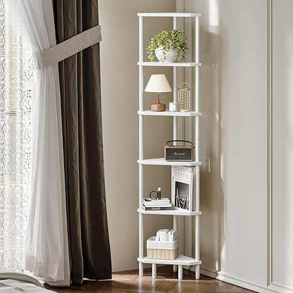 6 Tier Corner Shelf, 66.5'' Tall Standing Shelf, Narrow Display Shelf Stand, Modern Corner Bookshelf, Plant Stand, Corner Bookcase for Living Room, Bedroom, Bathroom, White LCS502W