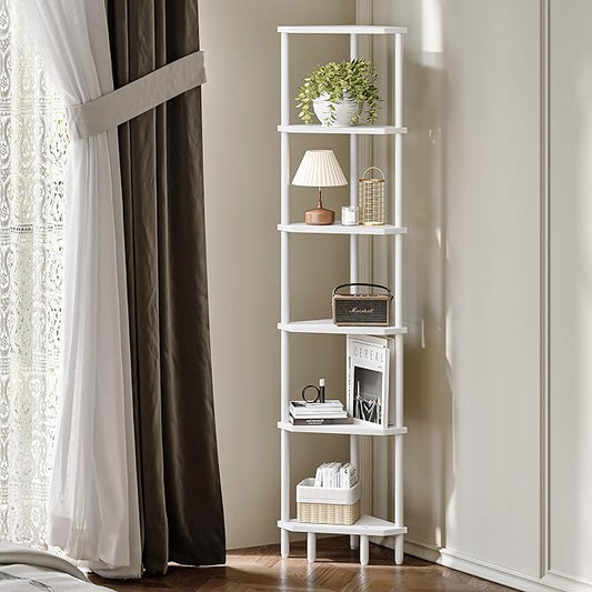 6 Tier Corner Shelf, 66.5'' Tall Standing Shelf, Narrow Display Shelf Stand, Modern Corner Bookshelf, Plant Stand, Corner Bookcase for Living Room, Bedroom, Bathroom, White LCS502W
