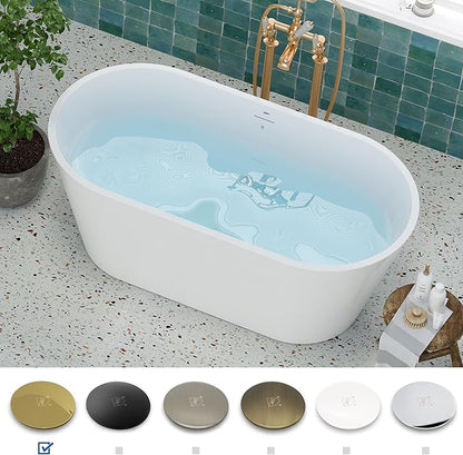 FerdY 59" Shangri-La Elite, Acrylic Freestanding Bathtub, Modern & Contemporary Design Soaking Tub with Polished Gold Pop-Up Drain and Minimalist Design Overflow, Glossy White, cUPC Certified