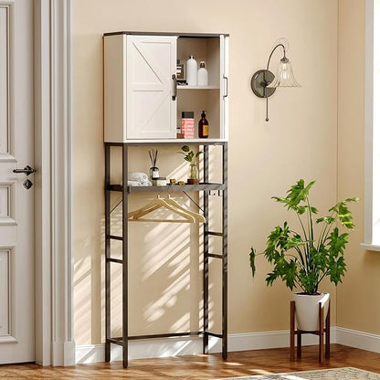 Over The Toilet Storage Cabinet, Bathroom Above Toilet Cabinet Organizer with Doors and Adjustable Shelves, Bathroom Shelf Organizer with Anti-Tip Device & Drain Rack, White