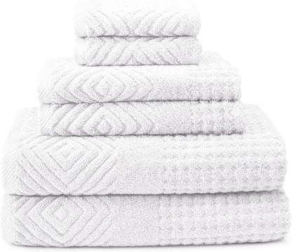 Texere 100% Organic Cotton Diamond Jacquard 700 GSM Luxury Bath Towel Sets, Soft and Absorbent Hotel Quality, Bath Towels, Hand Towels, Washcloths (Diamond, Bright White, 6 Piece)