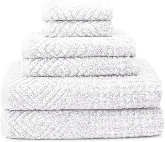 Texere 100% Organic Cotton Diamond Jacquard 700 GSM Luxury Bath Towel Sets, Soft and Absorbent Hotel Quality, Bath Towels, Hand Towels, Washcloths (Diamond, Bright White, 6 Piece)