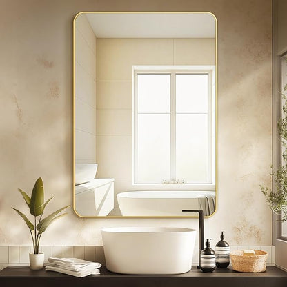 Delma Bathroom Mirror, Sleek Wall Mirror for Over Sink, Tempered Glass, Anti-Rust, Hangs Horizontally or Vertically for Bathrooms, Bedrooms & Entryways(40x28, Gold)
