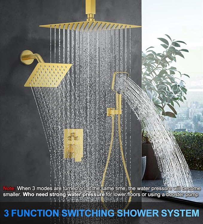 Shower Faucet Set, 12" Ceiling Mount Rainfall Shower System with 2 Rain Shower Head and Multi-function Handheld Head Push Button Diverter Shower Faucet Trim Kit (12", Brushed Gold)