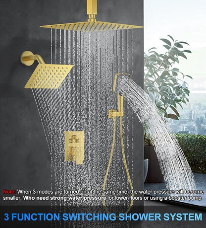 Shower Faucet Set, 12" Ceiling Mount Rainfall Shower System with 2 Rain Shower Head and Multi-function Handheld Head Push Button Diverter Shower Faucet Trim Kit (12", Brushed Gold)