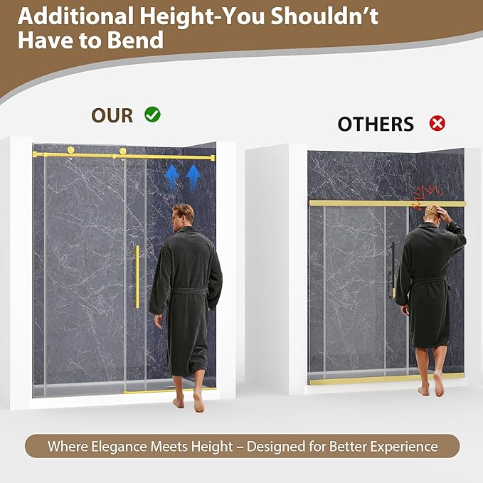 Frameless Glass Shower Door, 43-48" W x 76" H Sliding Frameless Shower Door, 1/4''(6mm) SGCC Tempered Glass, Explosion-Proof Film Nano Coating, Stainless Steel Hardware, Brushed Gold