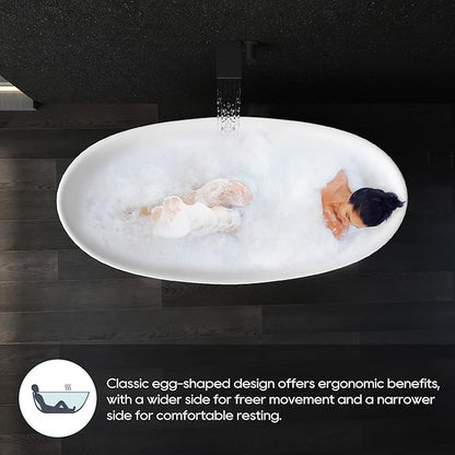 SJ STAR&JANE 61" Solid Surface Freestanding Bathtub Stone Resin Tub Oval Double Slippers Stand Alone Soaking Tub with Pop-up Drain and Overflow, Matte White