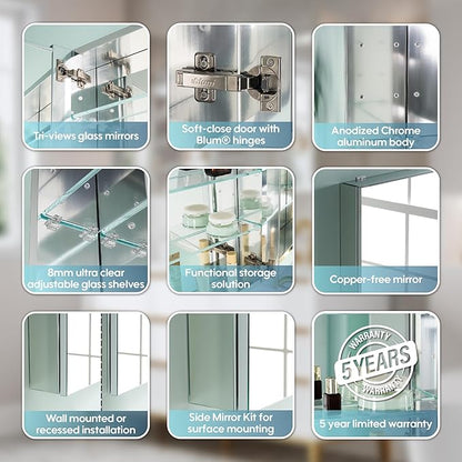WELLFOR 36" x 30" Rectangle Medicine Cabinet Mirror, Surface Mount or Recessed Medicine Cabinet with Tempered Mirror, Anodized Chrome Aluminum Frame, Bathroom Mirror with Storage