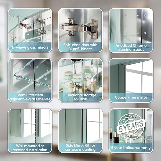 WELLFOR 72" x 30" Rectangle Medicine Cabinet Mirror, Surface Mount or Recessed Medicine Cabinet with Tempered Mirror, Anodized Chrome Aluminum Frame, Bathroom Mirror with Storage