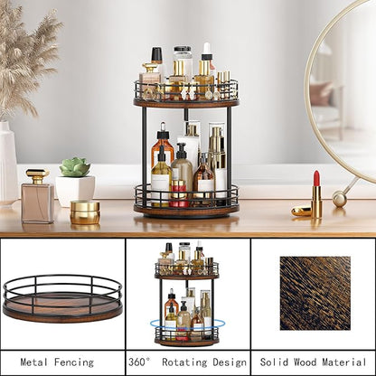Bathroom Organizer Countertop,2 Tier Rotating Makeup Organizer Countertop for Vanity,Wooden Bathroom Counter Storage Shelf,Vanity Tray for Perfume,Skincare,Cosmetic