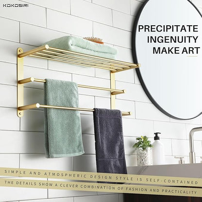 KOKOSIRI 3 Tier Bath Towel Rack 24 Inch Wall Mounted Rack with Towel Bars Towel Shelf with Single Towel Bar Bathroom Ladder Brushed Gold B5003BG