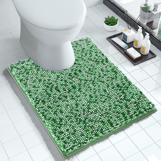 Yimobra Luxury Chenille U-Shaped Toilet Rug, Super Soft Shaggy Contour Bath Mat for Bathroom Floor, Fluffy, Water Absorbent, Non Slip, Machine Washable, Dry Quickly, 24''x 20'', Light Green & Green