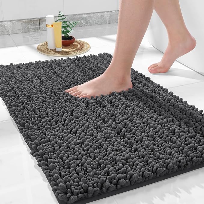 Yimobra Bathroom Rugs Non Slip Washable - Ultra Soft Absorbent Chenille Bath Mat, Quick Dry Shaggy Floor Carpet for Tub Shower, Dark Gray Home Decor Accessories, 24x17 Inch
