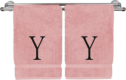 Monogrammed Hand Towel, Personalized Initial Gift, Extra Absorbent 100% Turkish Cotton - Soft Terry Finish - Set of 2 - Black Block Initial Y - Embroidered on Pink Towels