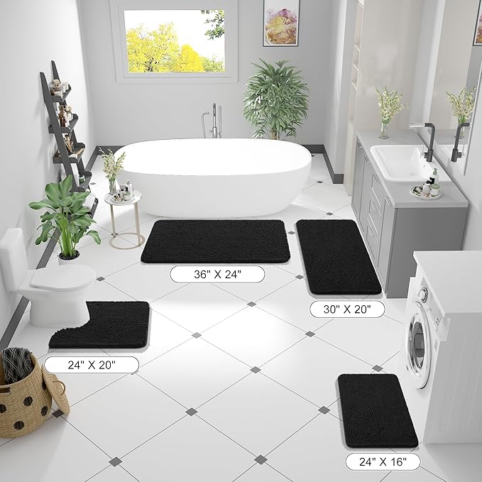 OLANLY Bathroom Rugs 59x24, Extra Soft Absorbent Chenille Bath Rugs, Rubber Backing Quick Dry, Machine Washable Bath Mats for Bathroom Floor, Tub and Shower, Home Decor Accessories, Black