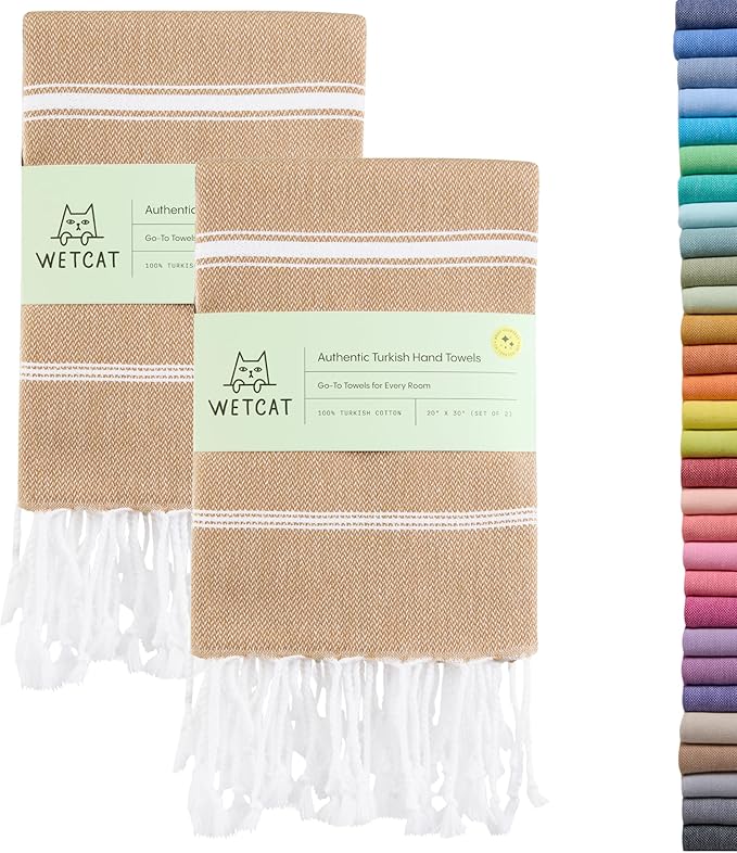 WETCAT Turkish Hand Towels with Hanging Loop, Set of 2 (20" x 30") 100% Turkish Cotton, Pre-Washed, Quick Drying, for Kitchen or Bathroom - Tawny Brown