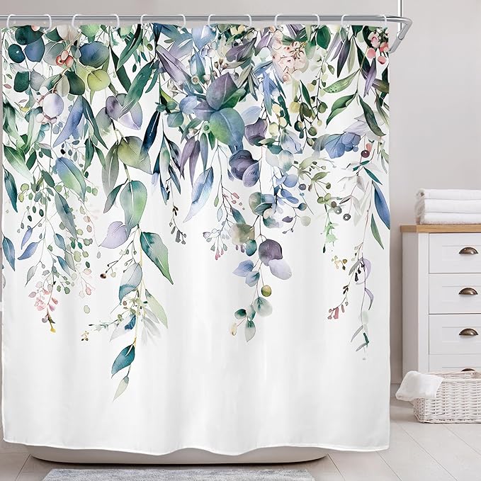 Riyidecor Teal Shower Curtain for Bathroom Decor 72Wx72H Eucalyptus Leaves Plants Navy Watercolor Floral Rustic Botanical Spring Nature Art Printed Fabric Polyester Waterproof 12 Pack Plastic