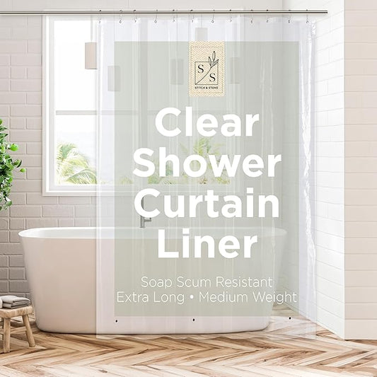 Stitch & Stone Shower Curtain Liner, Premium Medium Weight Durable Waterproof 6g PEVA for Bathroom with Weighted Magnets, Extra Long 72" x 84", Clear 1 Pack