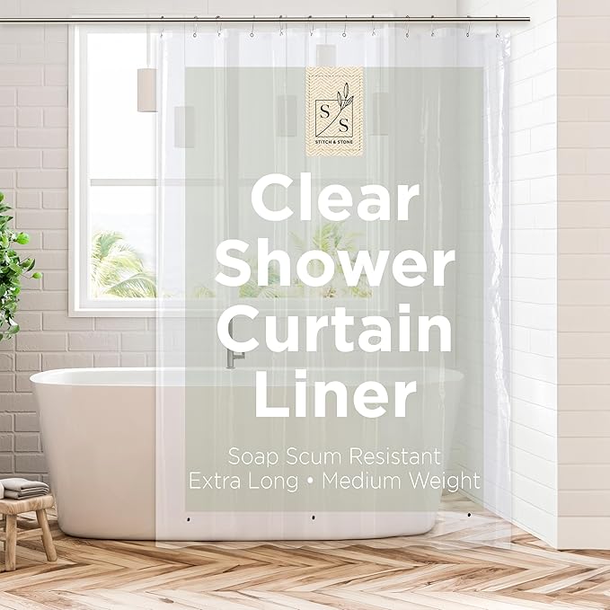 Stitch & Stone Shower Curtain Liner, Premium Medium Weight Durable Waterproof 6g PEVA for Bathroom with Weighted Magnets, Extra Long 72" x 96", Clear 1 Pack