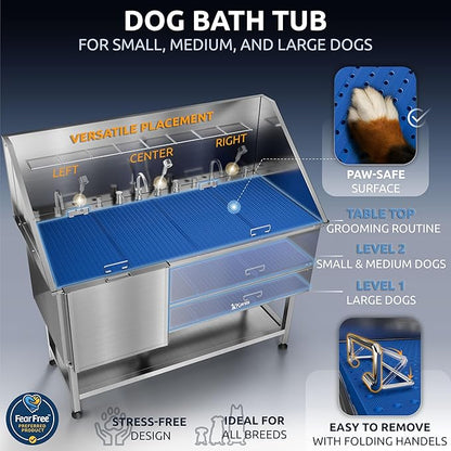 KANIS Professional Dog Washing Station - 304 Stainless Steel Pet Wash Sink & Grooming Bathtub w/Shower, Floor Grates and Storage for Large, Medium & Small Pets (61", Shelf - Left Ramp)