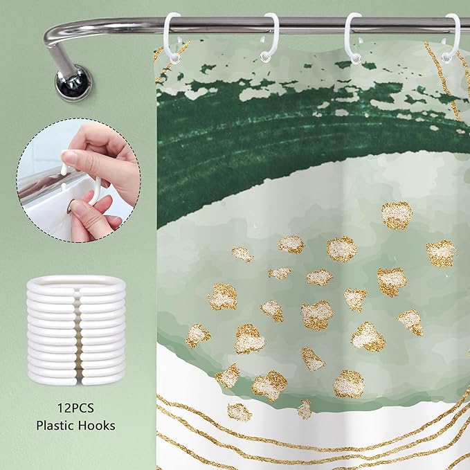 Sage Green Boho Shower Curtain Extra Long Modern Abstract Tropical Leaves Bohemian Gold Palm Leaf Mid Century 72Wx84H Bathroom Decor Geometric Plant Bath Curtain Fabric Polyester 12 Pack Hooks