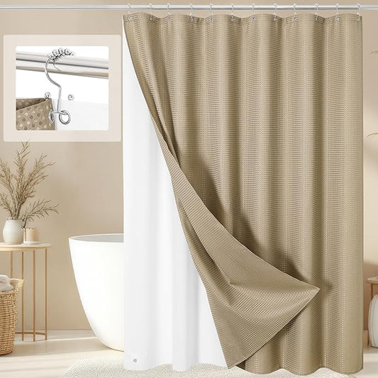 3 in 1 Long Beige Shower Curtain Set-72 W x 78 H, Tan Waffle and PEVA Liner Set with 12 Stainless Steel Hooks, Waterproof Fabric for Bathroom