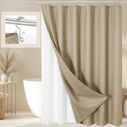 3 in 1 Shower Curtain Set, Beige Waffle Shower Curtain and PEVA Liner Set with 12 Stainless Steel Shower Curtain Hooks, Tan Waterproof Fabric Shower Curtains for Bathroom, 72 W x 72 H