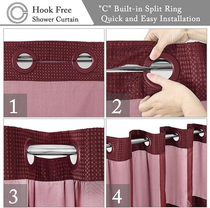 Gibelle Long Shower Curtain 72x80, Waffle Weave Bathroom Shower Curtain with Snap-in Fabric Liner Set, No Hooks Needed, Hotel Style with Mesh Top Window, Burgundy