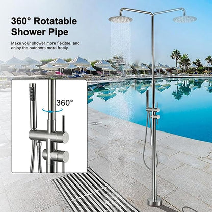 RBROHANT Freestanding Outdoor Shower Nickel, Height Adjustable Outside Showers for Backyard Garden Pool Beach, Outdoor Shower Fixtures with 10” Rain Shower Head and Handheld, Brushed Nickel, JK0317