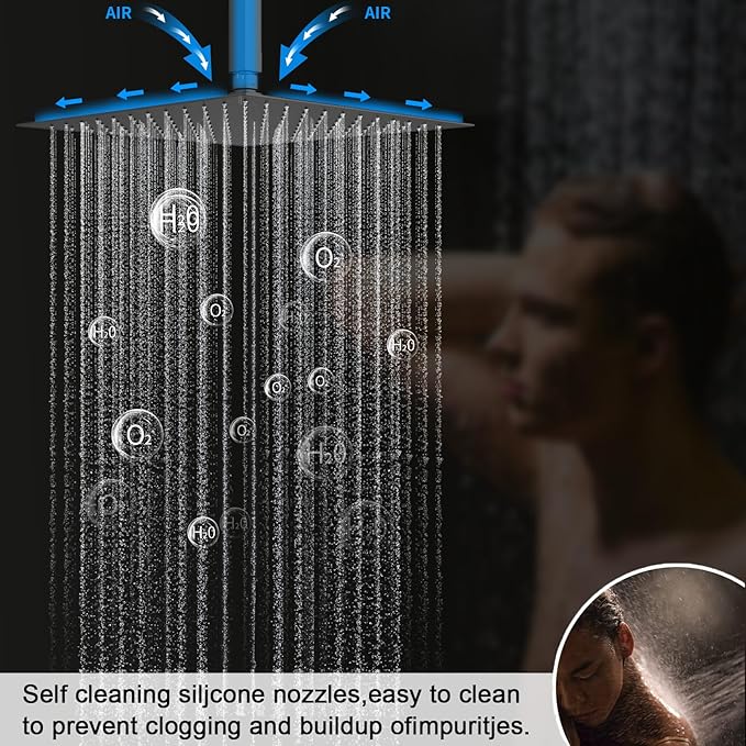 Shower Faucet Set Matte Black Shower System with 12 inch Ceiling Mounted Shower Head and Dual 8 inch Wall Mounted Shower Head, Digital Display Shower Fixtures with Handheld Spray