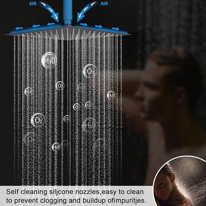 Shower Faucet Set Matte Black Shower System with 12 inch Ceiling Mounted Shower Head and Dual 8 inch Wall Mounted Shower Head, Digital Display Shower Fixtures with Handheld Spray