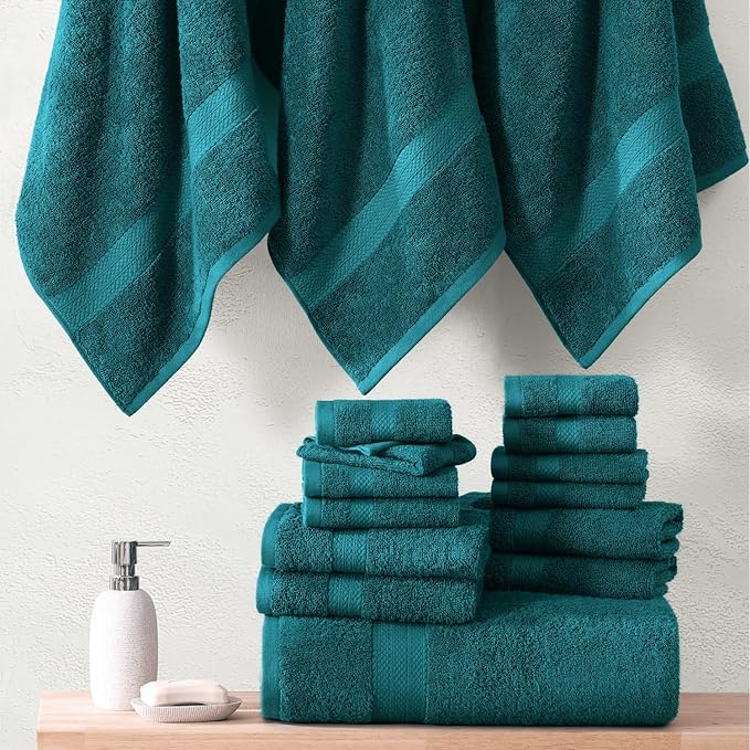 LANE LINEN 100% Cotton Bathroom Towels Set - 24 Piece - Durable, Quick Dry, Soft & Highly Absorbent - 4 Bath, 4 Fingertip, 6 Hand Towel, 8 Washcloths, 2 Bath Sheets - Sustainbly Produced - Sea Port