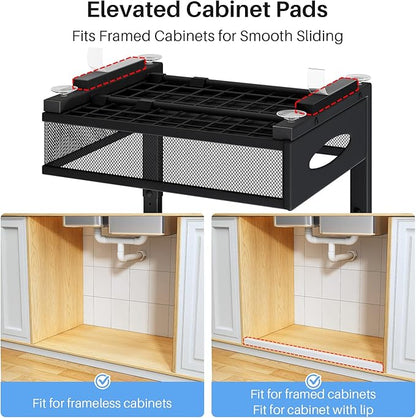 Under Sink Organizer, 2 Tier Pull Out Under Cabinet Organizer Shelf with Pad for Framed Cabinets, Metal Slide Out Under Sink Storage, Mesh Sliding Drawers for Kitchen Bathroom Laundry(Black, 1 Pack)