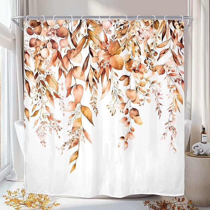 Riyidecor Burnt Orange Fall Autumn Shower Curtain for Bathroom Decor 72Wx72H Eucalyptus Botanical Leaf Plants Watercolor Floral Nature Art Printed Fabric Polyester Waterproof
