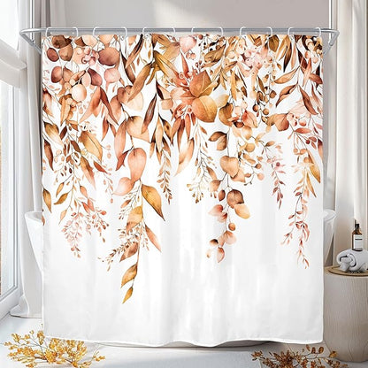 Riyidecor Burnt Orange Fall Autumn Shower Curtain for Bathroom Decor 72Wx72H Eucalyptus Botanical Leaf Plants Watercolor Floral Nature Art Printed Fabric Polyester Waterproof